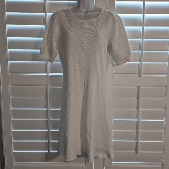 Slate & Willow Ivory Knit Ribbed Midi Knee Length Hourglass Flare Sweater Dress - Picture 4 of 11